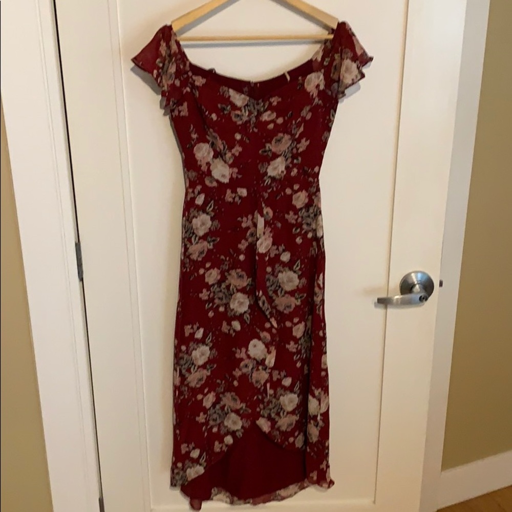 Red floral dress with high front slit